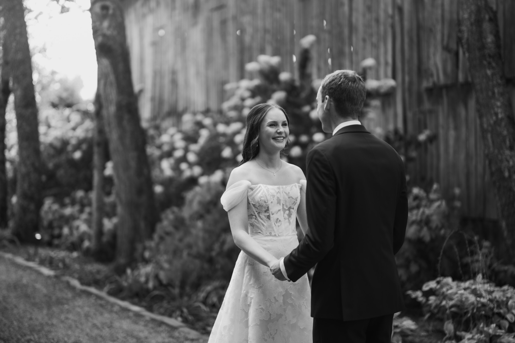 Katie and Zach's black and white first look