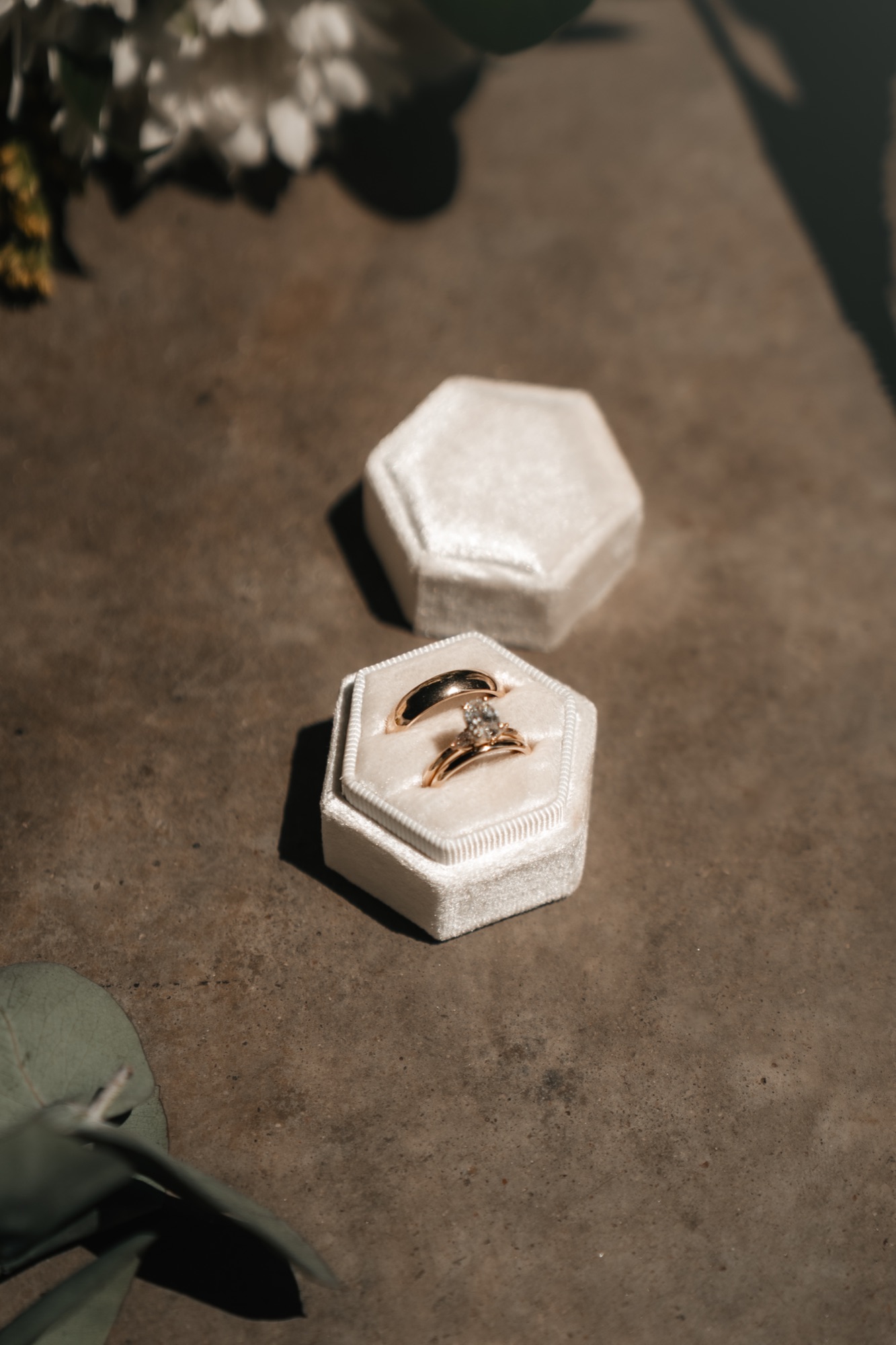 Katie and Zach's wedding rings in velvet boxes